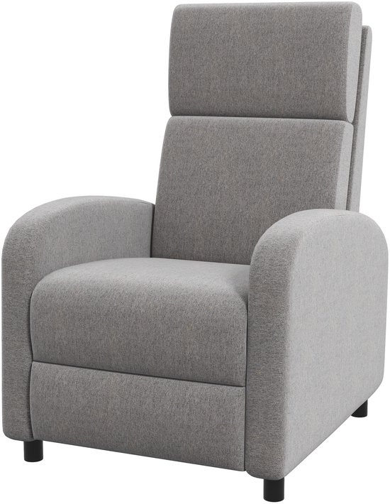 Grijze fauteuil met hoge rugleuning en stoffen bekleding, staand op zwarte pootjes.