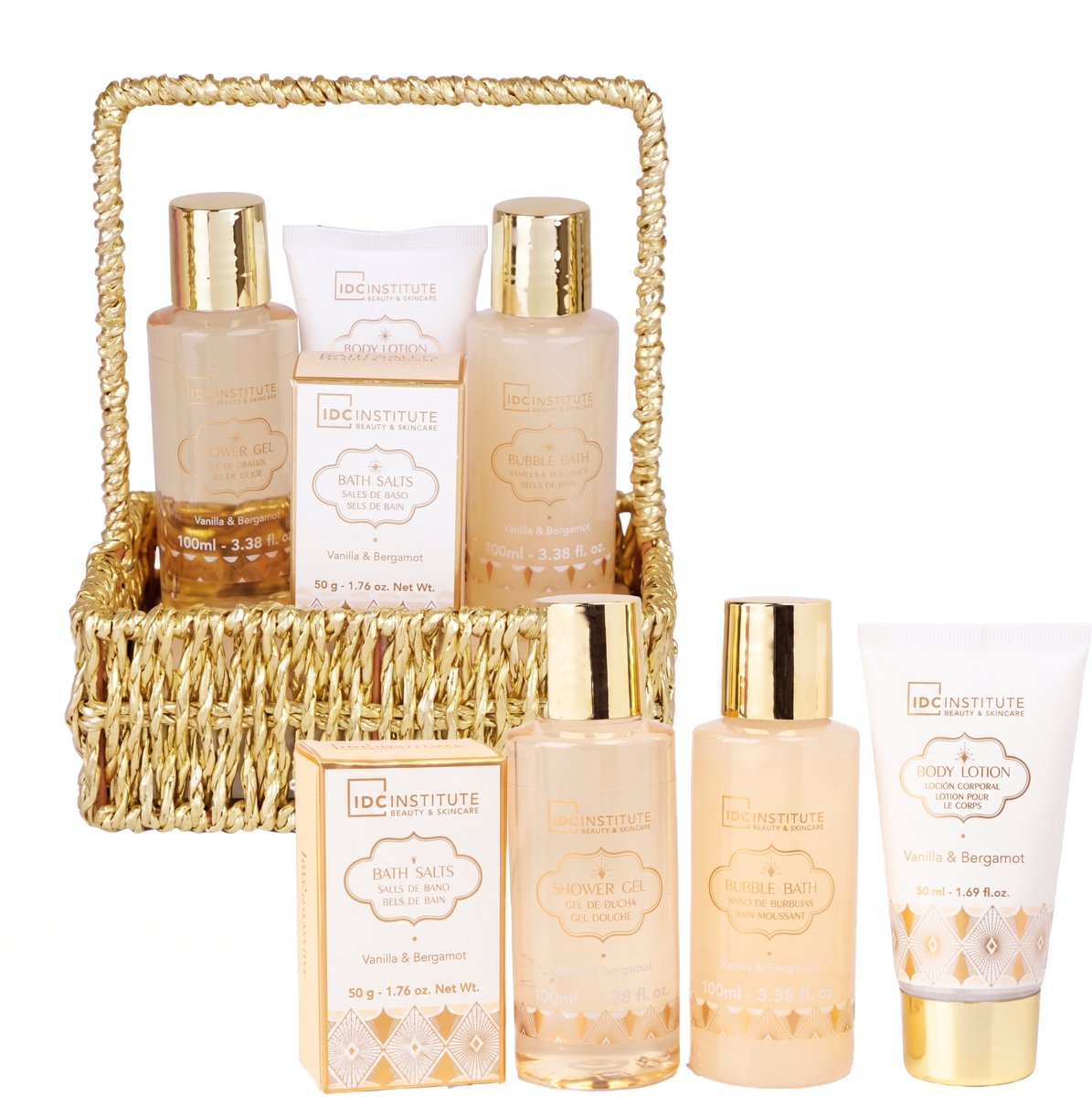 IDC Institute Gold cadeauset met verzorgingsproducten voor bad en douche – vanille en bergamot