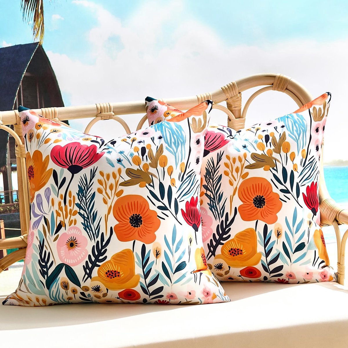 Lente kussenhoezen 45 x 45 cm Outdoor kussenhoezen Boerderij Wildfloral Set van 2 Multicolor Oranje en Roze Bloemen - ShopVlot