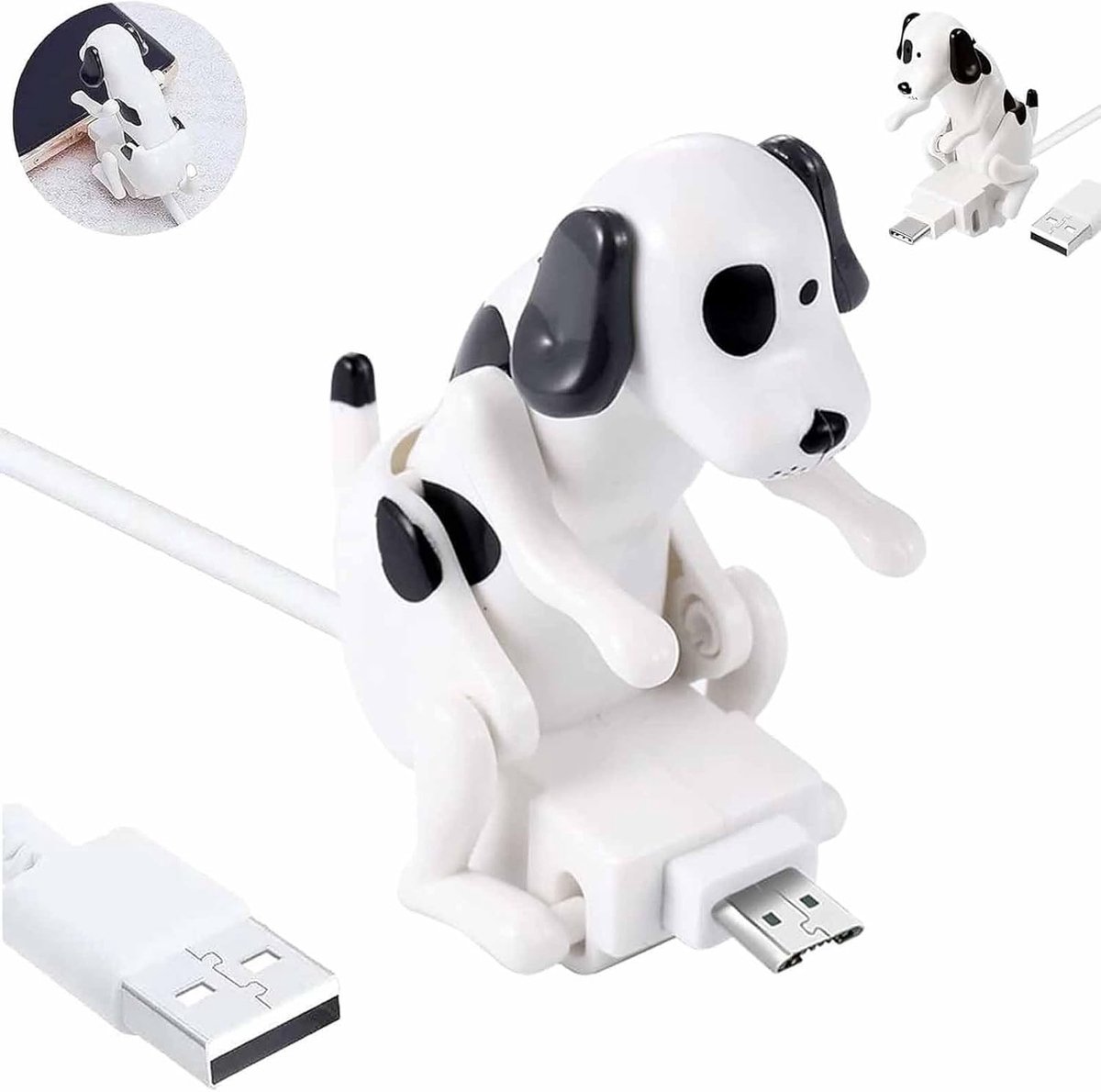 Oplaadkabel met Bewegend Speelgoedhondje, Geschikt voor Micro-USB, Grappige Telefoonkabel voor Opladen en Gegevensoverdracht, Draagbaar Hondenspeelgoed Accessoire, Wit