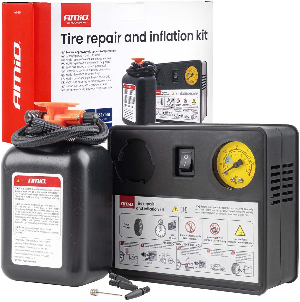 AMiO Bandenreparatie- en Oppompset 31mm Cilinder 12V - Krachtige Compressor Lekke Band Repareren en Oppompen Auto