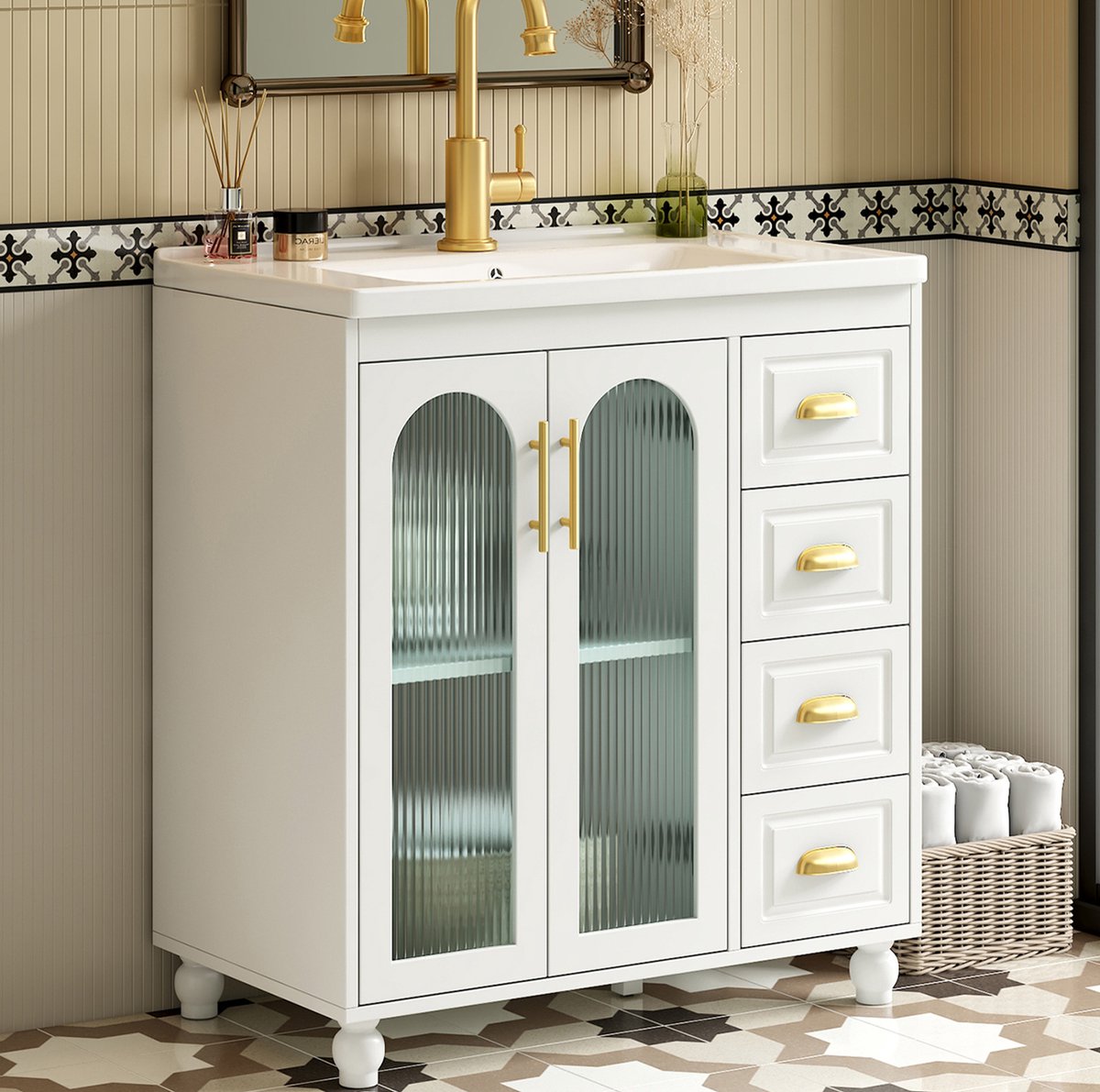 FloraGrace Badkamerkast - Wastafelmeubel Met Keramische Wastafel - 4 Lades En Deuren - Voor Badkamer - MDF - Wit - 80 Cm