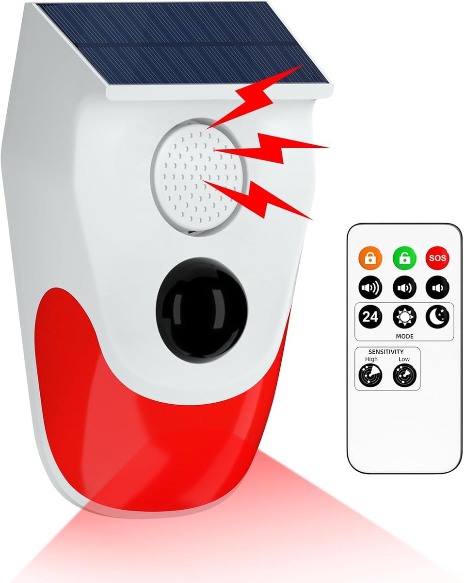 Bewegingssensor Alarm Buiten, 120dB Luid Alarm met Flitslicht, Afstandsbediening IP65 Waterdicht, 3 Werkmodi, Dierafschrikker voor Huis, Boerderij, Oprit en Villa