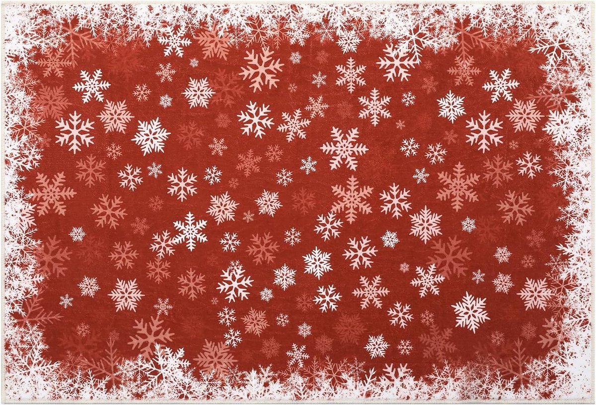 Vloerkleed Kerst Sneeuwvlokken Fluweel Rood 80x150 cm Opvouwbaar Gewassen Achterkant Zwaar Woonkamer