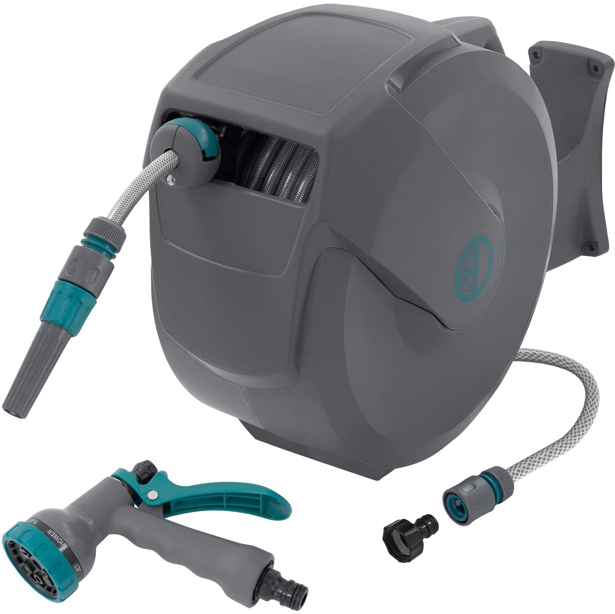 Famanu – Muurgemonteerde tuinslanghaspel met 20m + 2m slang, roll-up functie, vergrendelingssysteem en 9 sproeistanden, 180° zwenkbaar, automatische waterslangbox voor wandbevestiging