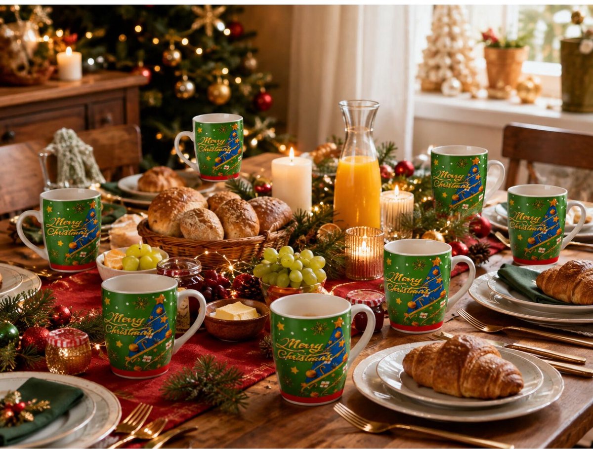 Excellent Houseware Kerst mok - 6x - Merry Christmas - gekleurd - 350 ml - keramiek - koffiemok - cadeaumok