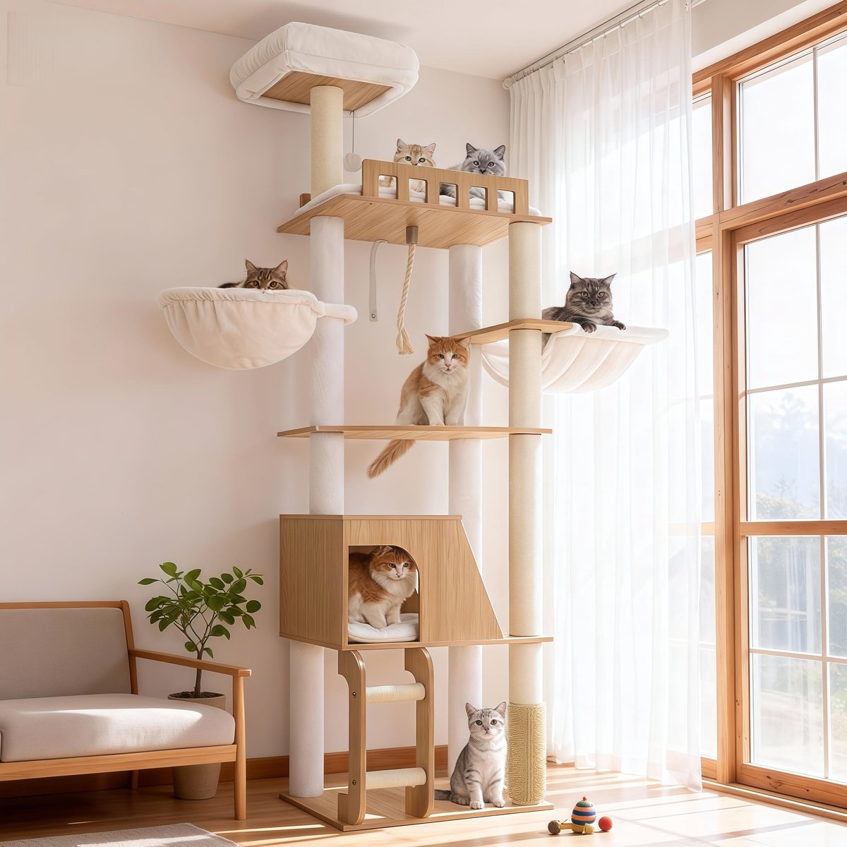 Famanu – Houten kattenkrabpaal met 2 platforms, ideaal voor katten om te krabben en te spelen, stevig en duurzaam