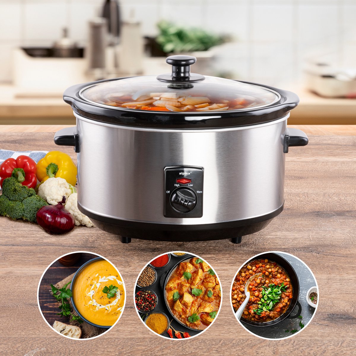 alpina Slowcooker 3.5L - Crockpot Slow Cooker met Warmhoudfunctie - Multicooker met Keramische Binnenpan en Glazen Deksel - 240W - RVS – foto 7
