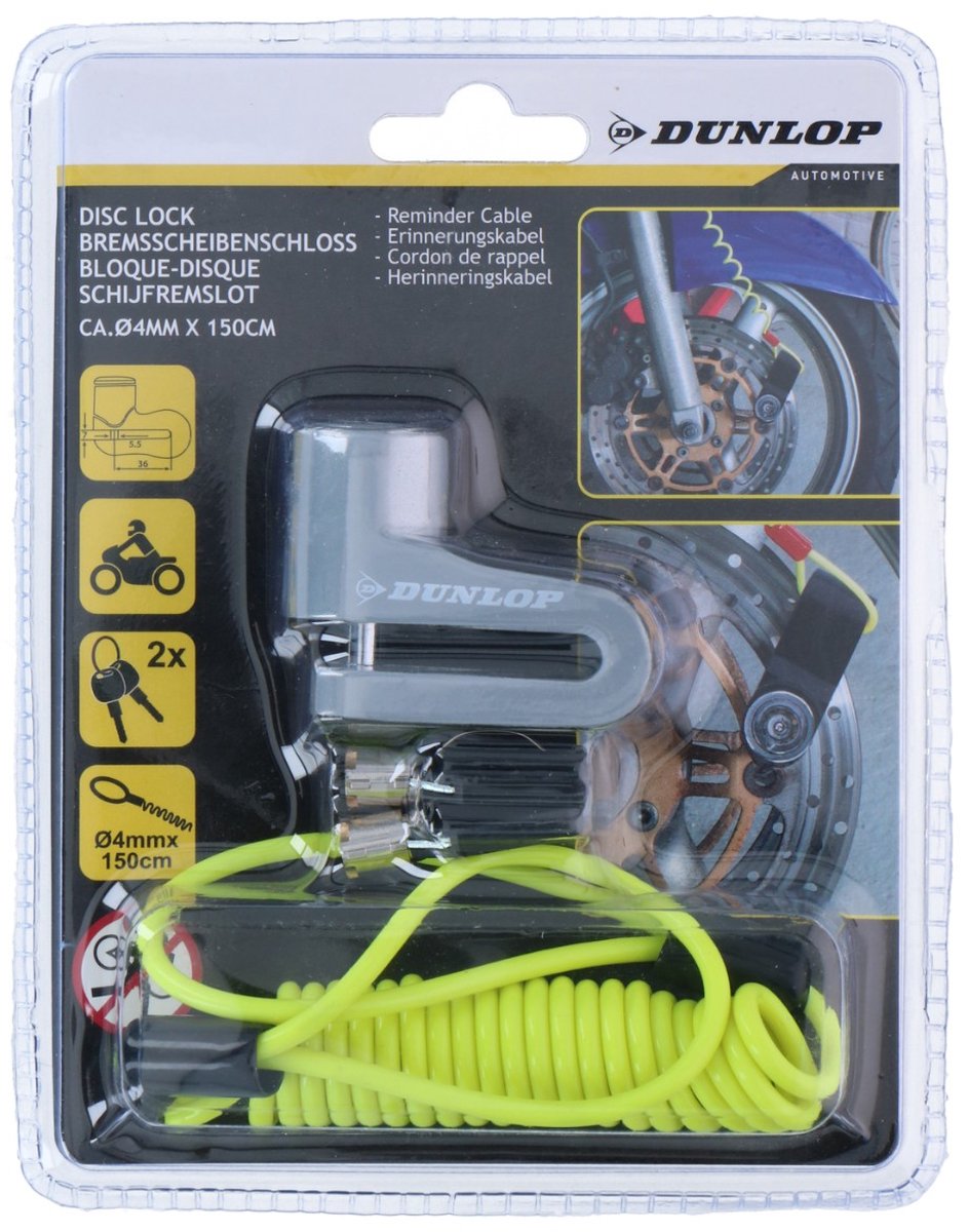 Dunlop Remschijfslot met Herinneringskabel - 2 Sleutels - Wielslot Fiets/ Motor/ Scooter - 1 Willekeurige Kleur – foto 6