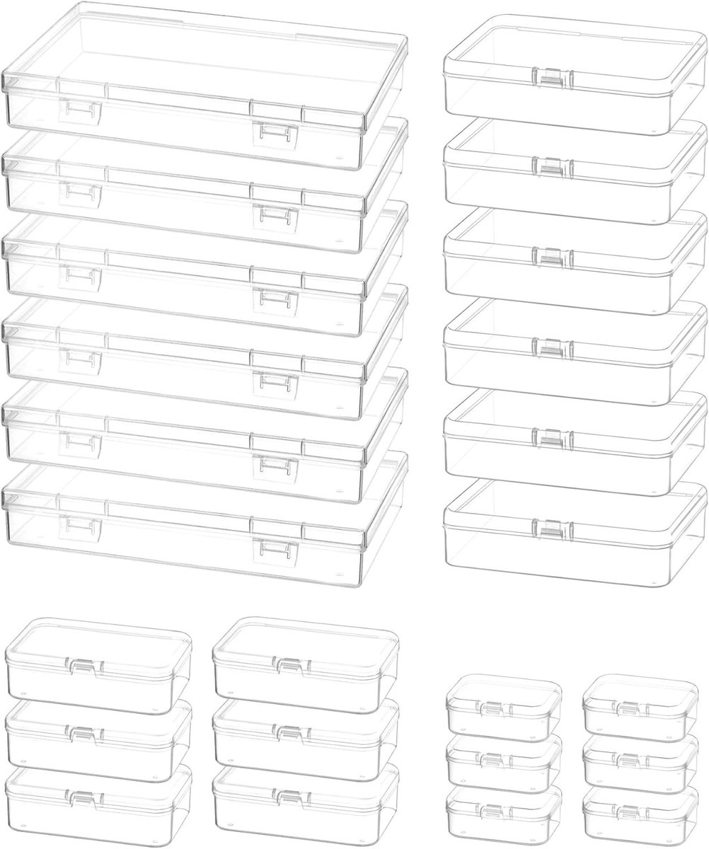 Set van 24 Plastic Opbergdozen met Scharnierende Deksel, Rechthoekige Opbergcontainers voor Kralen, Sieraden en Creatief Werk - Verkrijgbaar in 4 Maten van 5,5 x 4 x 2 cm tot 18 x 11 x 3 cm