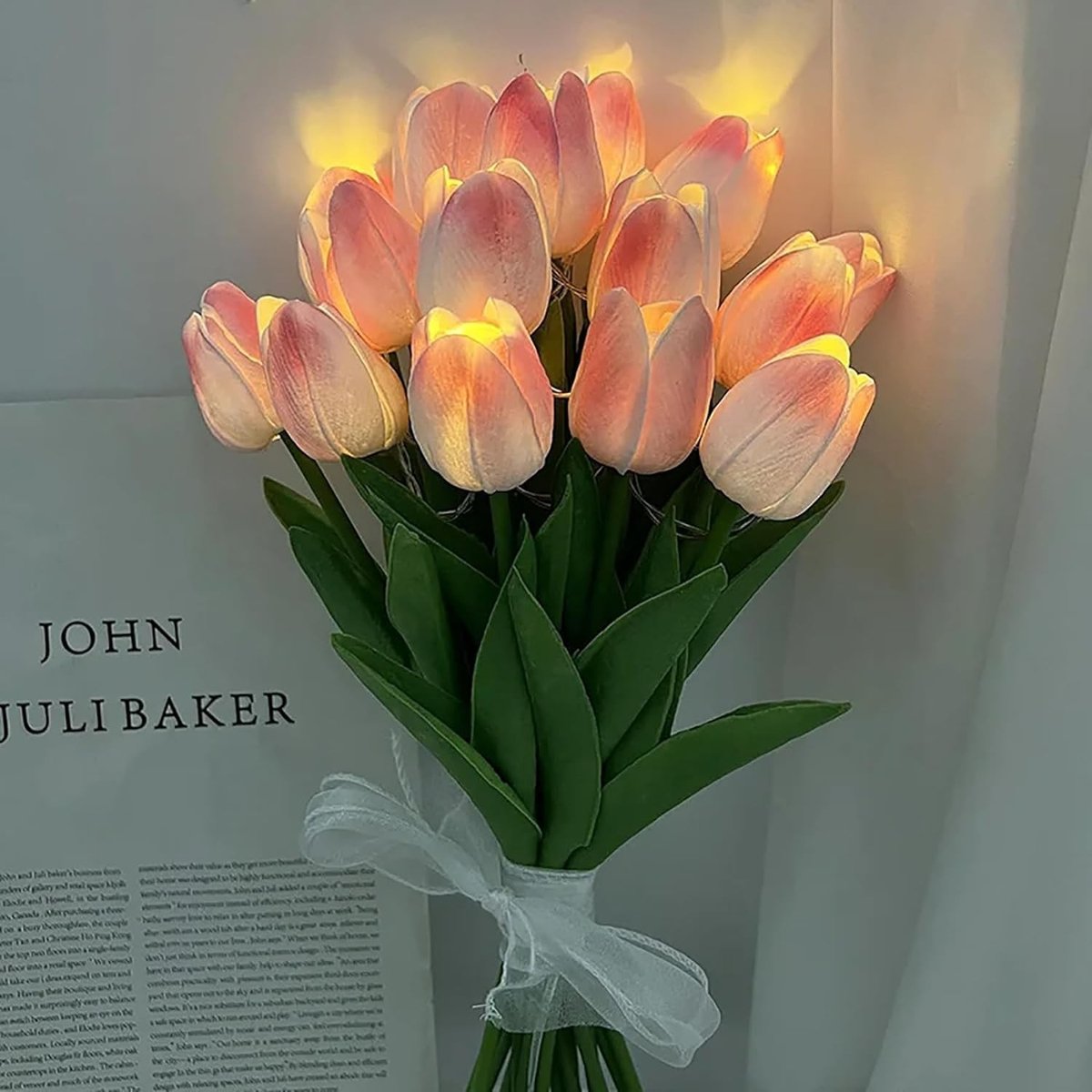 15 Stuks Kunstmatige Tulpen met LED Verlichting, Real Touch Tulpenboeket voor Bruiloften, Feestdagen en Thuisdecoratie, Creatieve Cadeaus (Roze, 15 stuks)