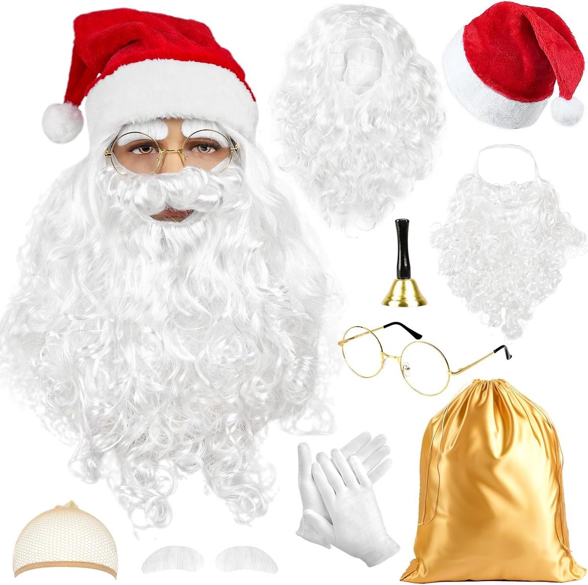 Santa Claus Kostuum Accessoires voor Mannen en Vrouwen - Santa Hoed, Baard, Perukenset, Satijnen Tas en Kerstbril voor Feestelijke Verkleedkleding