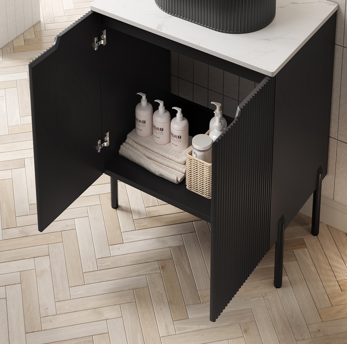 MIVRAY Badkamerkast - Vrijstaand Met Dubbele Deuren En Carrara Witte Bovenblad - Modern Voor Badkamer - MDF En Spaanplaat - 76 Cm