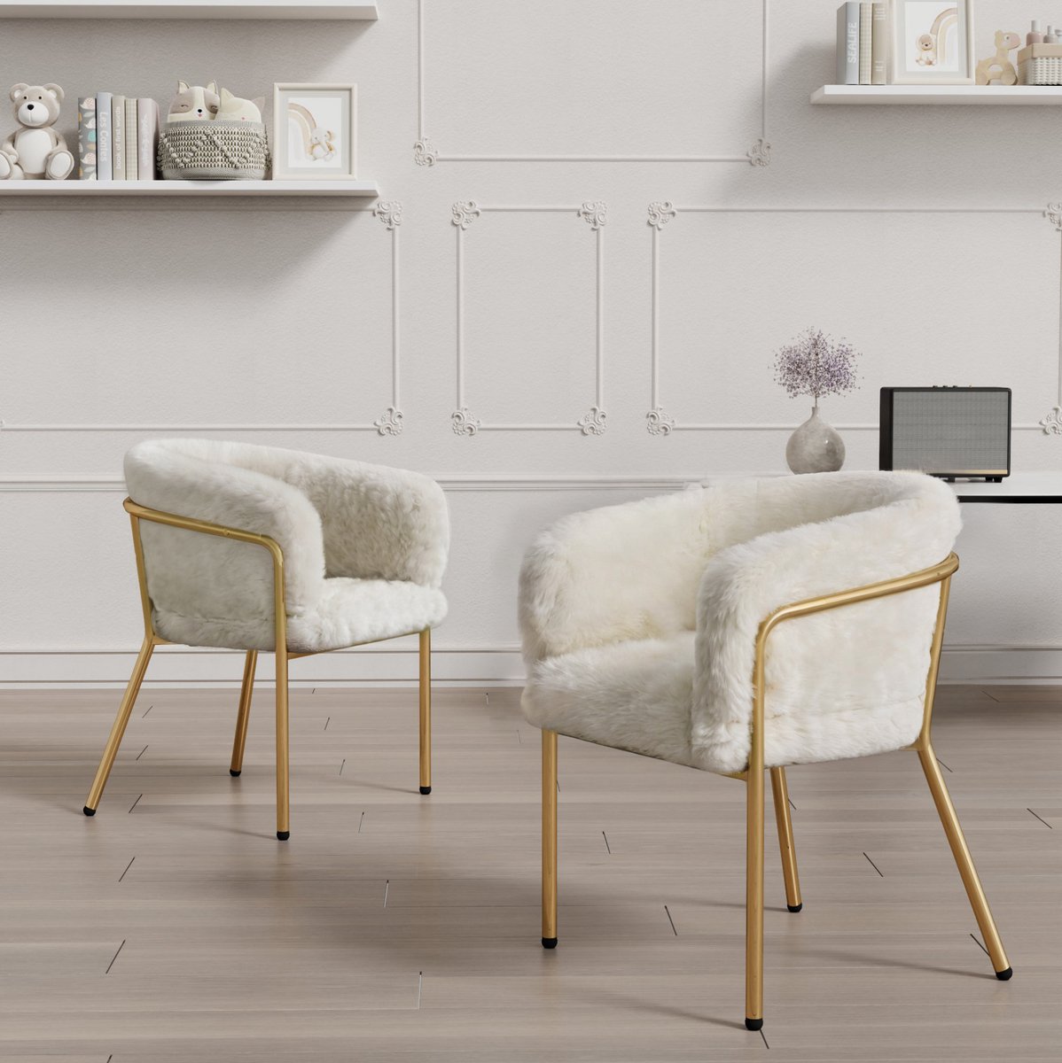OKWISH Eetkamerstoel – Set Van 2 Kuipstoelen Met Armleuningen – Zachte Stof, Metalen Onderstel En Stabiele Vierpoot – Voor Woonkamer En Slaapkamer – Wit