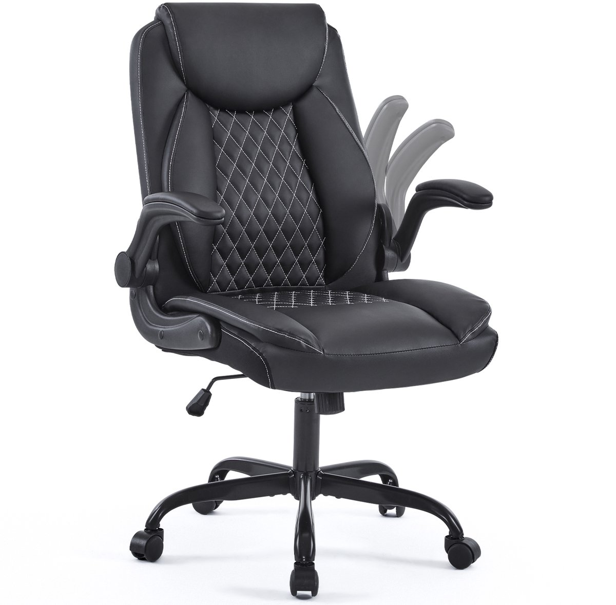 OKWISH Bureaustoel 64 cm – Ergonomische Draaistoel met Hoofdsteun en Opklapbare Armleuningen – Voor Thuis, Kantoor en Gaming – Leer – Zwart