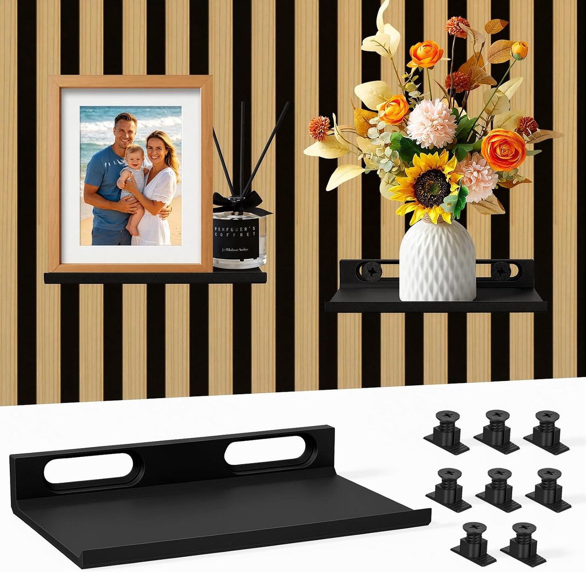 Plank voor akoestische panelen - zonder boren - 2 stuks - accessoires - akoestische panelen voor verticale horizontale panelen - ruimtebesparend - wandrek voor planten - foto's - geurkaarsen - thuis