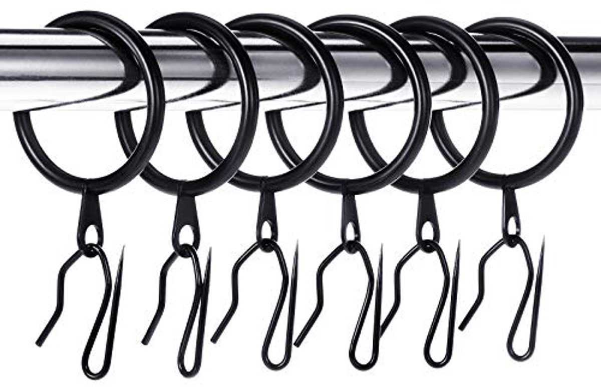 Famanu Set van 60 zwarte metalen gordijnringen en haken, 30 mm ringen en 25 x 16 mm haken, ideaal voor gordijnbeslag voor douche, raam of Frans raam