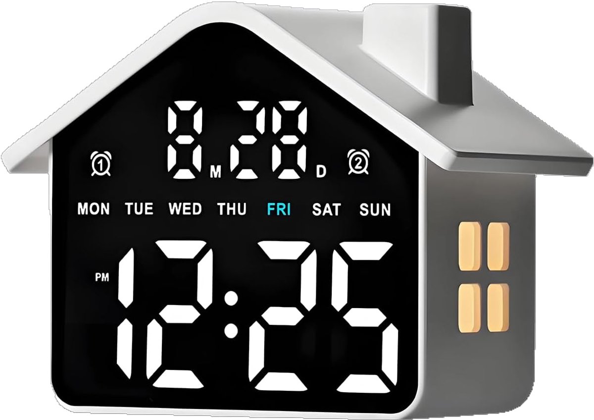 Digitale LED-wekker in de vorm van een huis met nachtlampje
