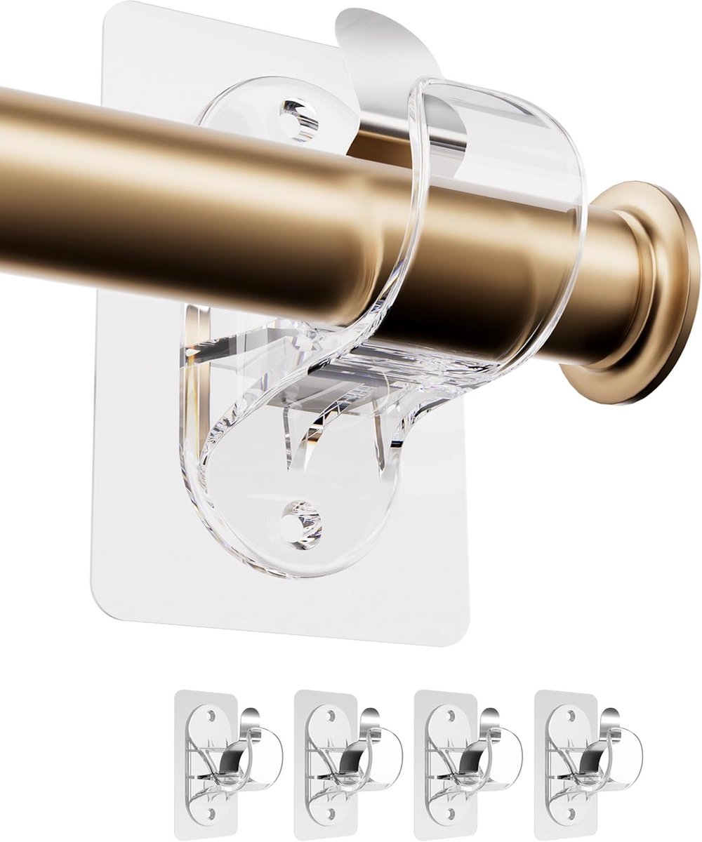 Gordijnroedebeugels zonder boren, Sterke zelfklevende bevestiging voor badkamer, keuken, woonkamer, dressoir, slaapkamer (Transparant, 4 stuks)