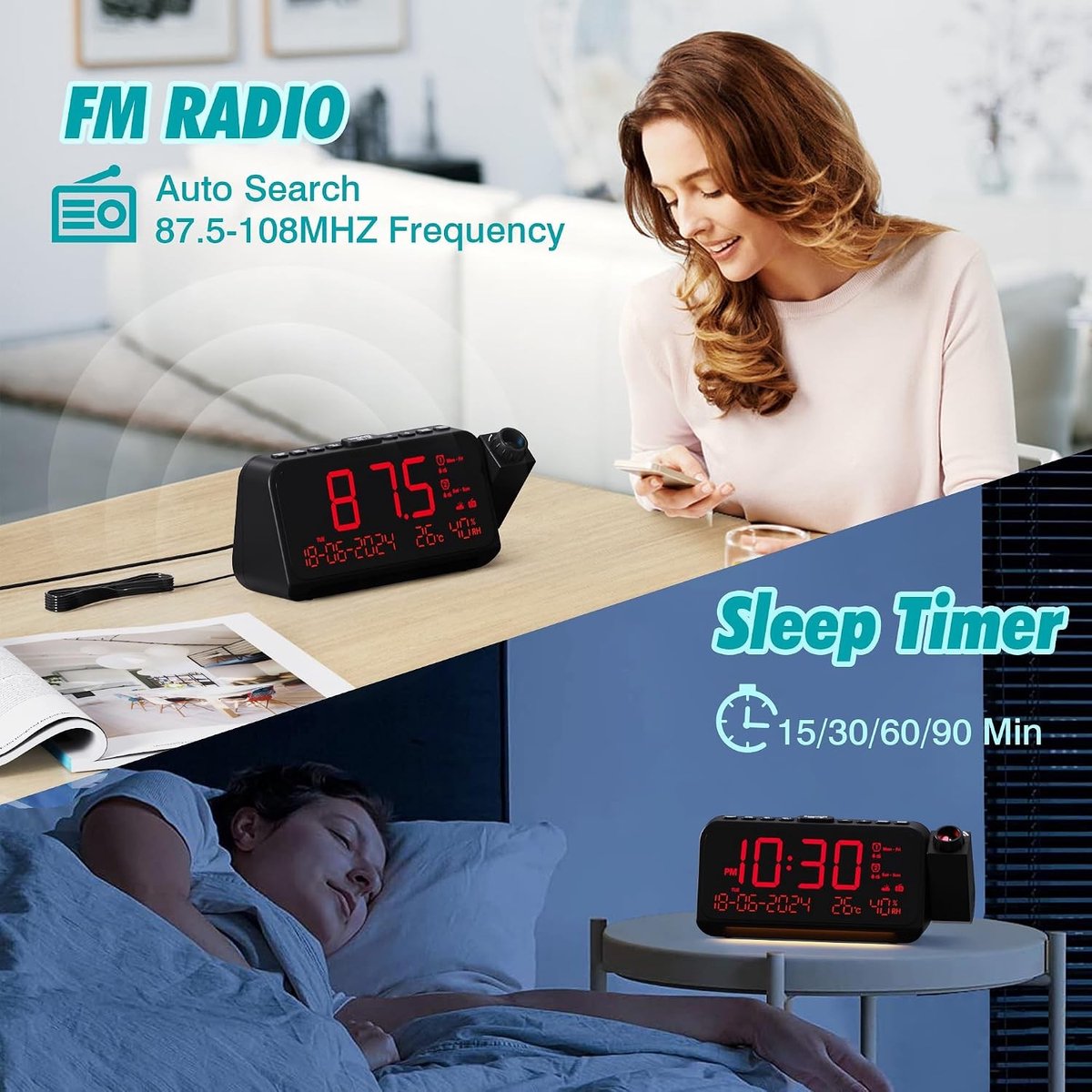 Digitale FM-wekkerradio - Rood - Digitale Projectorklok met Automatische Uitschakeltimer - Voor Thuisgebruik