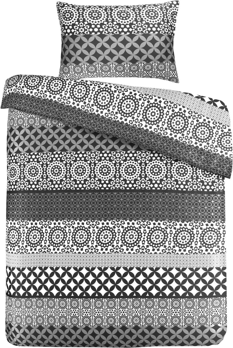 Padiro dekbedovertrek 200 x 240 cm - zwart / wit - geometrisch ornament design - katoensatijn - geometrisch patroon - met 2 kussenslopen 60 x 70 cm