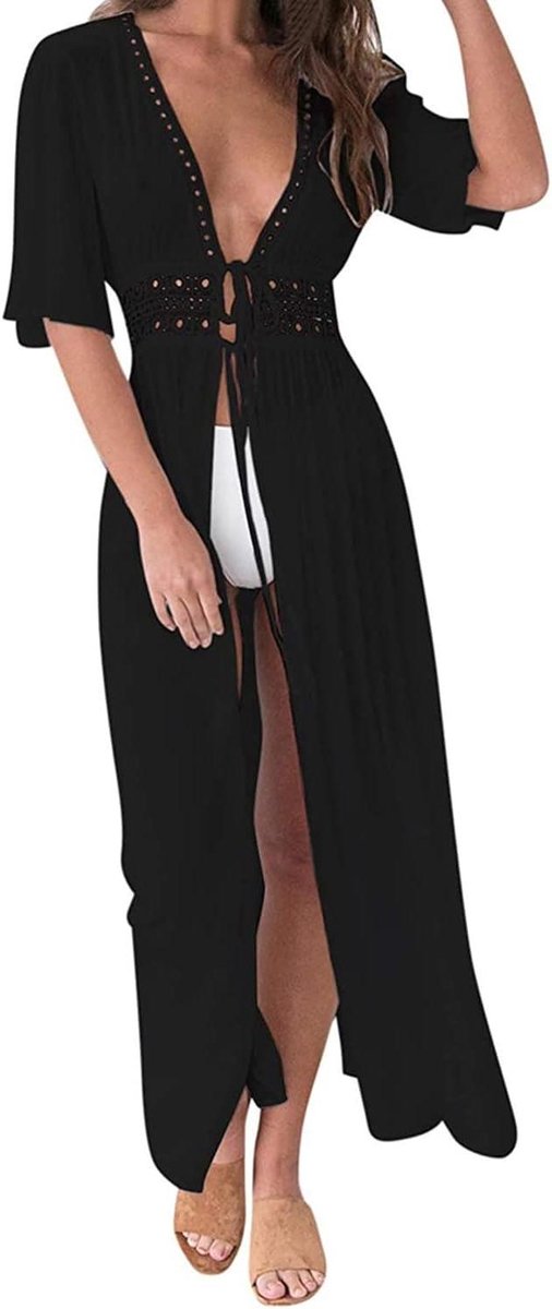 Strandjurk Dames - Pareo Cardigan - Zomerse Vrije Tijd - Boho Uitsnijding - Maxi Lengte - Zwart
