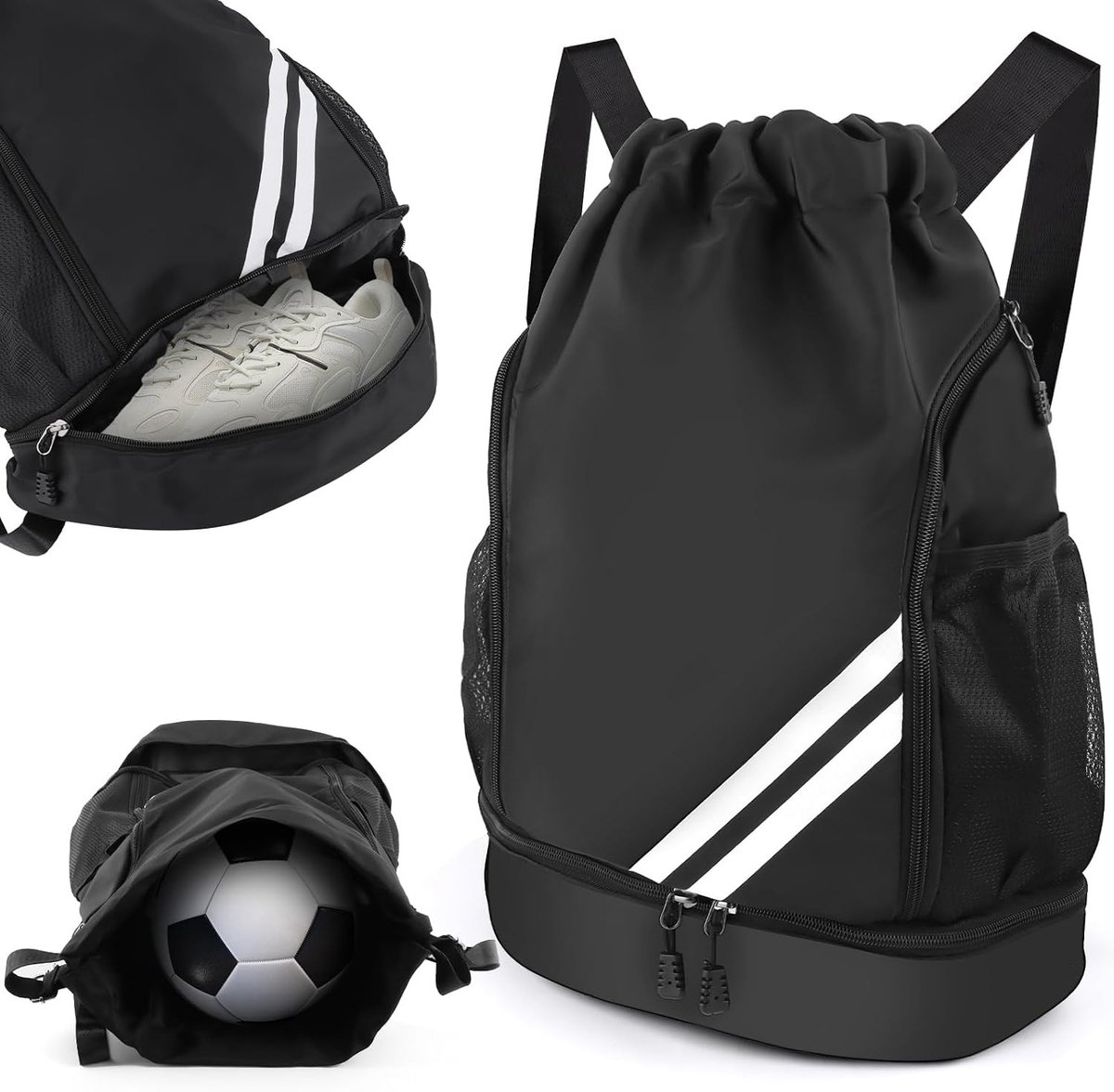 Sporttas met Trekkoord - Zwart - 20 Liter - Waterdichte Rugzak met Vakken - Voor Sport en Reizen