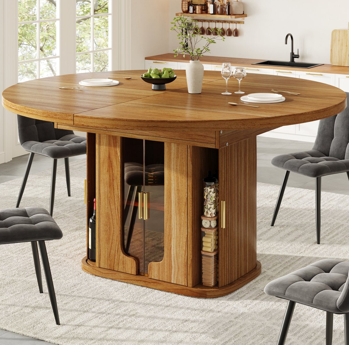 Wishdor Uitschuifbare eettafel - Ronde tot ovale vorm - Opbergruimte met glasdeuren - Walnootkleur - MDF - Voor 6 personen - Met metalen grepen - 118-158 x 118 x 77 cm