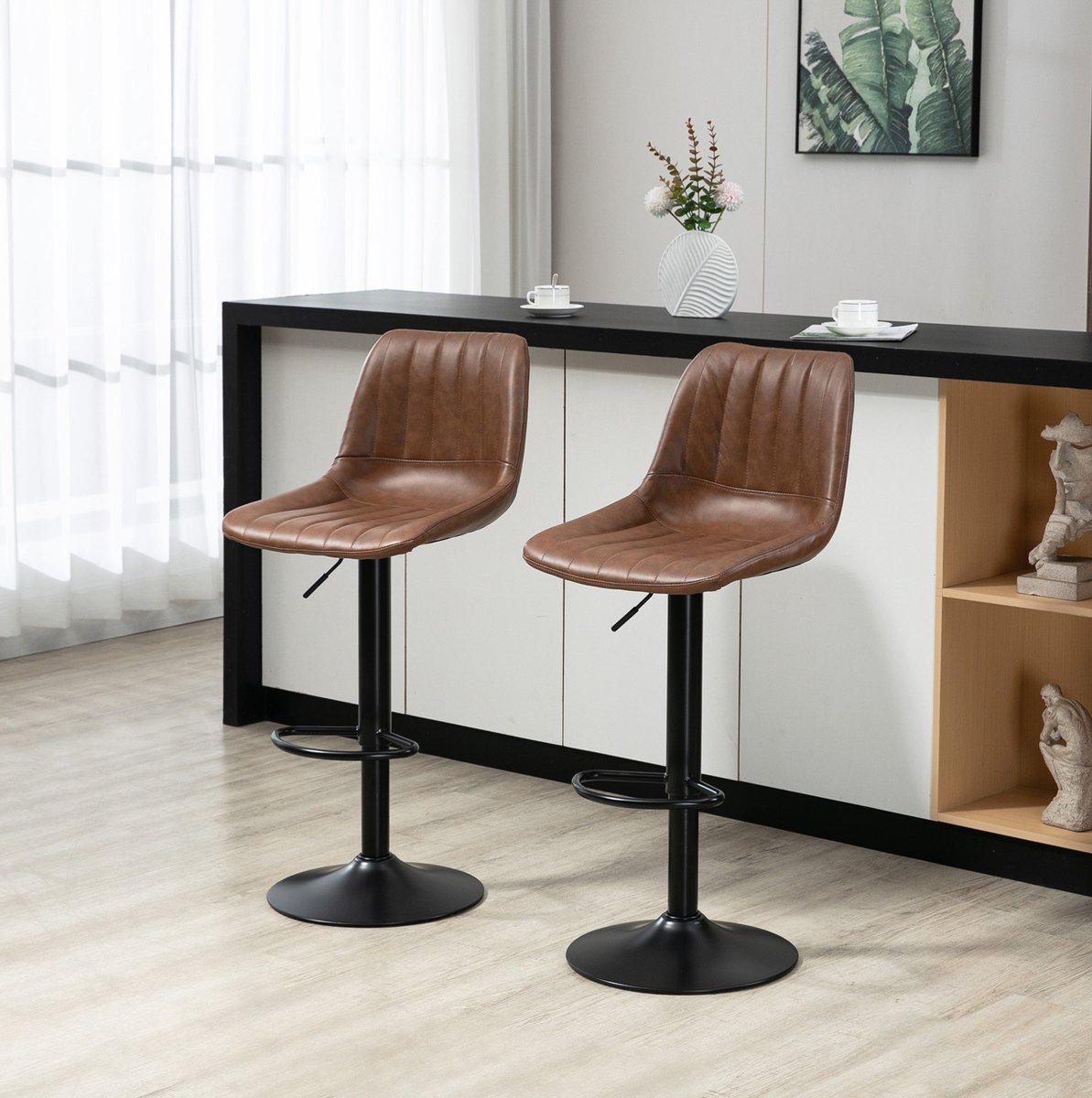 OKWISH Barkruk – Hoogteverstelbaar En 360 Graden Draaibaar – Set Van 2 – Kunstleer En Staal – Retro – Bruin – Voor Keuken Eiland En Bar