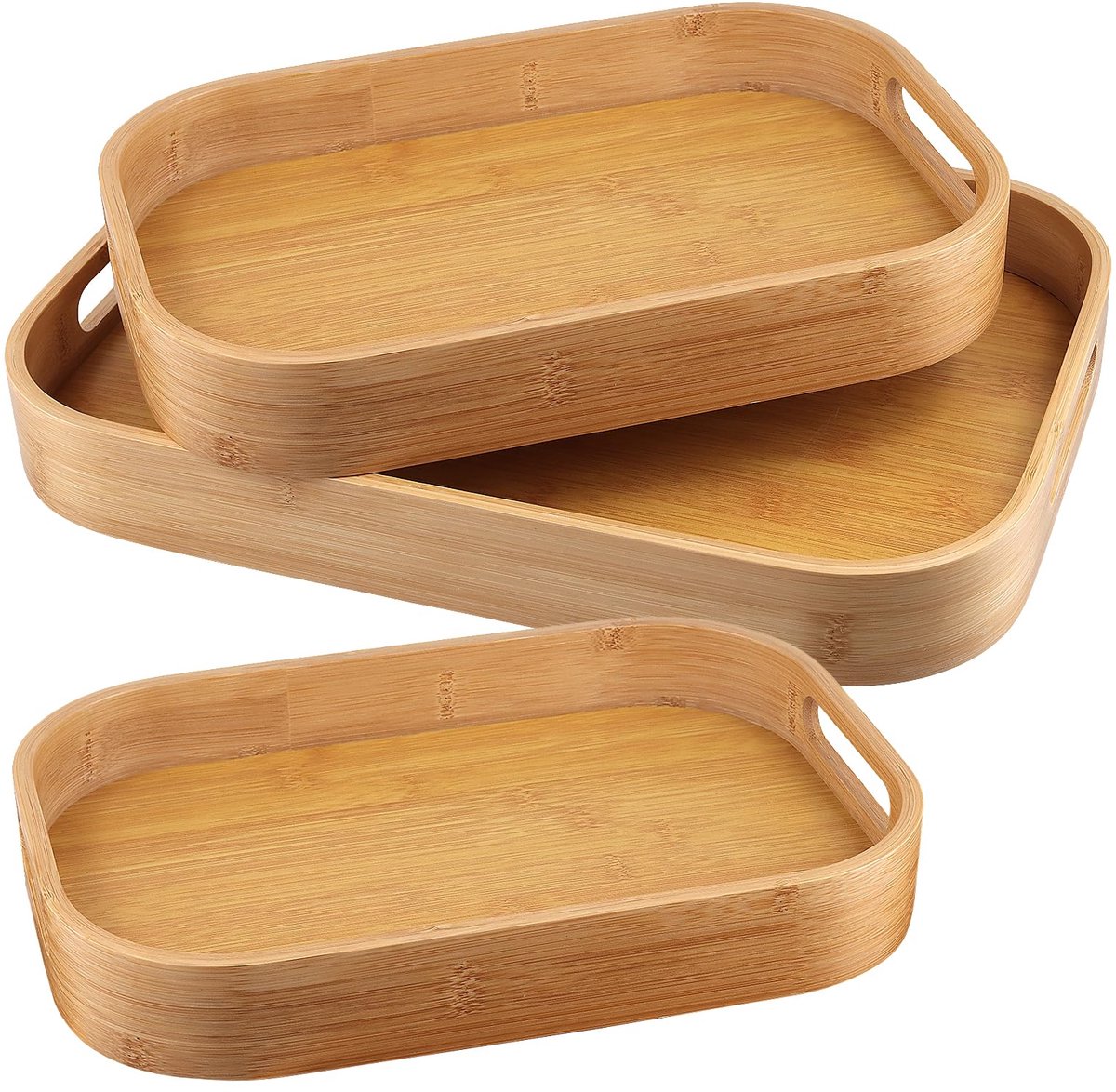 Famanu – Set van 2 bamboe dienbladen met handgrepen, houten dienblad 33 x 22 x 4 cm en 40 x 28 x 5 cm, ideaal voor diner, thee en ontbijt