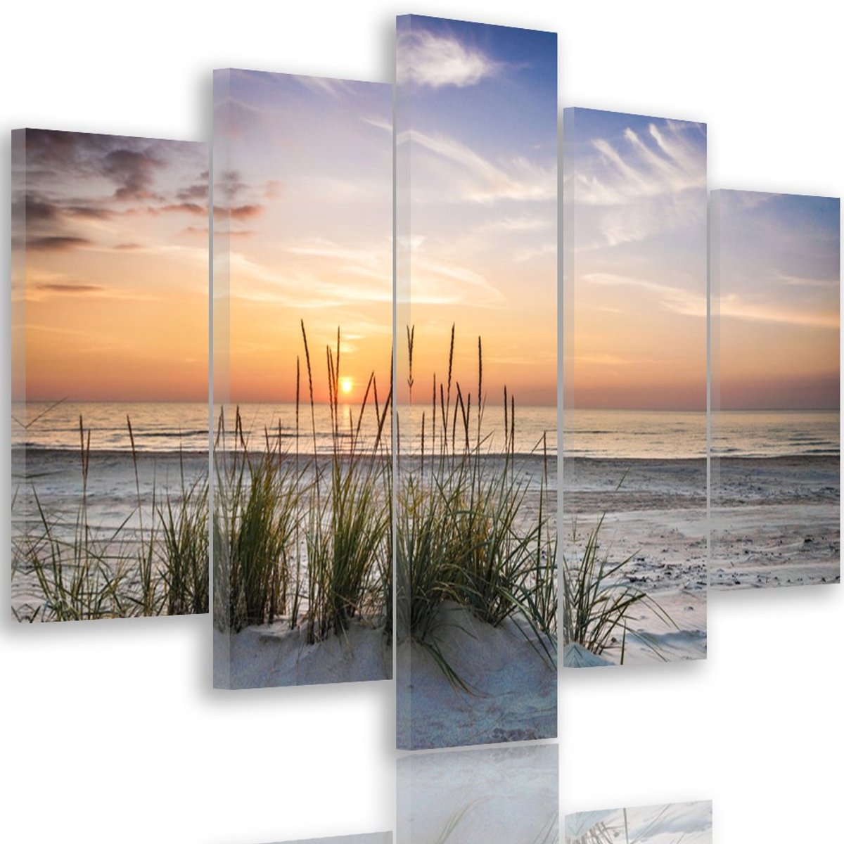 Famanu – Canvas schilderij 5-delig 150x100 cm, muurdecoratie met natuur en zonsondergang, ideaal voor woonkamer en interieur