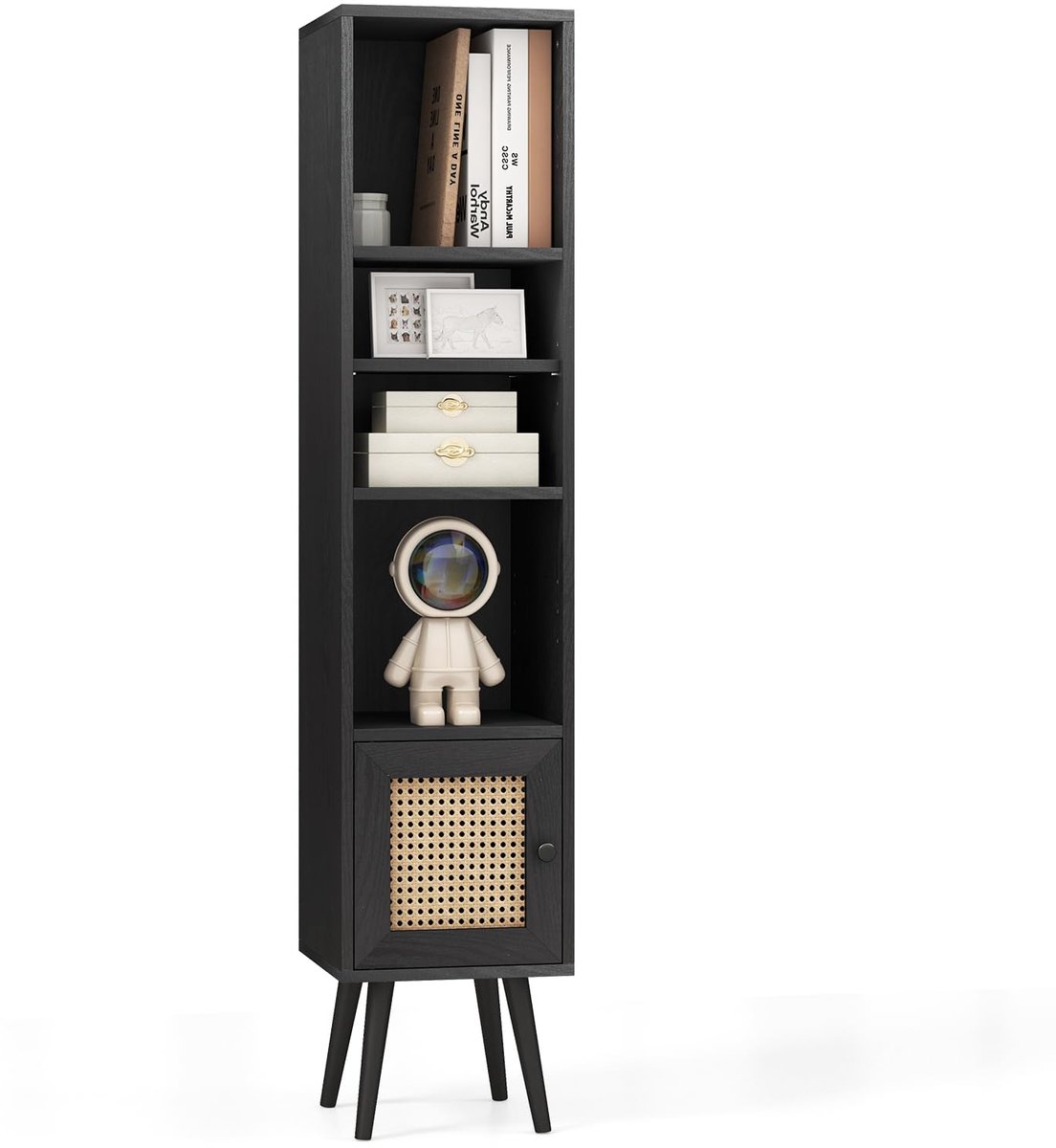Famanu – Smalle boekenkast met 4 niveaus en deur, staand rek voor woonkamer en thuiskantoor, 29,5 x 29,5 x 137 cm