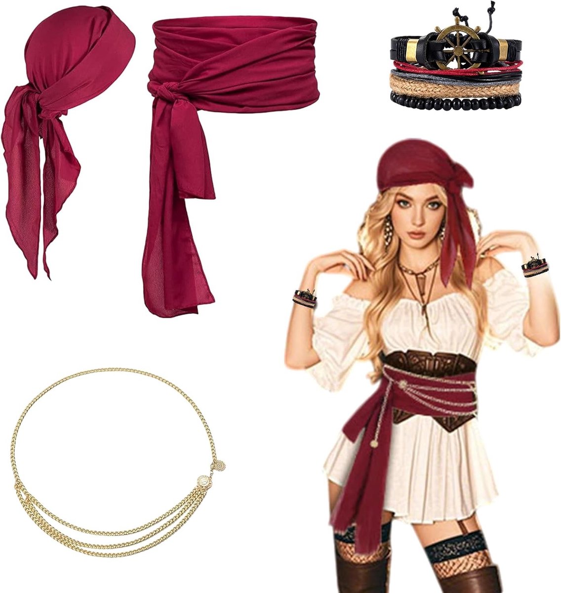 4-delige Piratenkostuum Accessoires Set met Hoofddoek, Riem en Buikketting voor Vrouwen - Perfect voor Halloween, Piratenfeest en Cosplay Carnaval