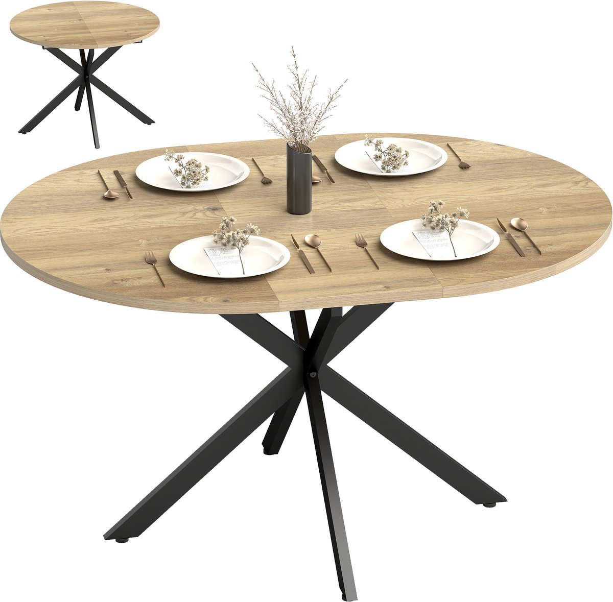 Homcom Extendable Dining Table-MDF, Staal-135L x 100B x 75H cm-Natuurhout