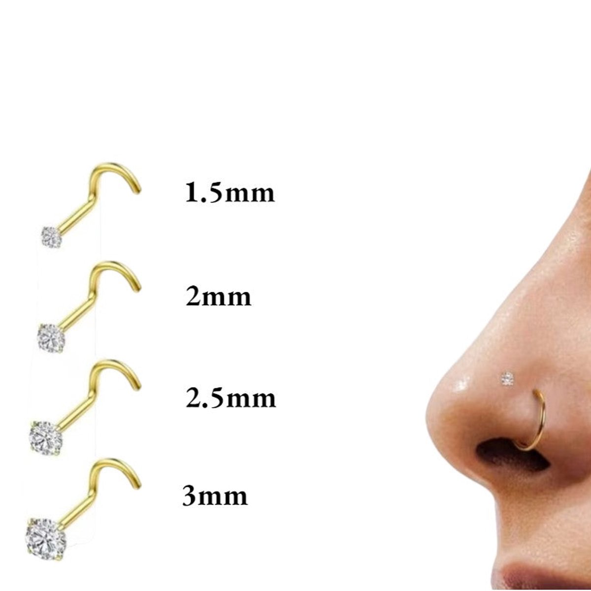 Goudkleurige Neuspiercing Transparante Zirkonia – S-Staafje - 1.5mm