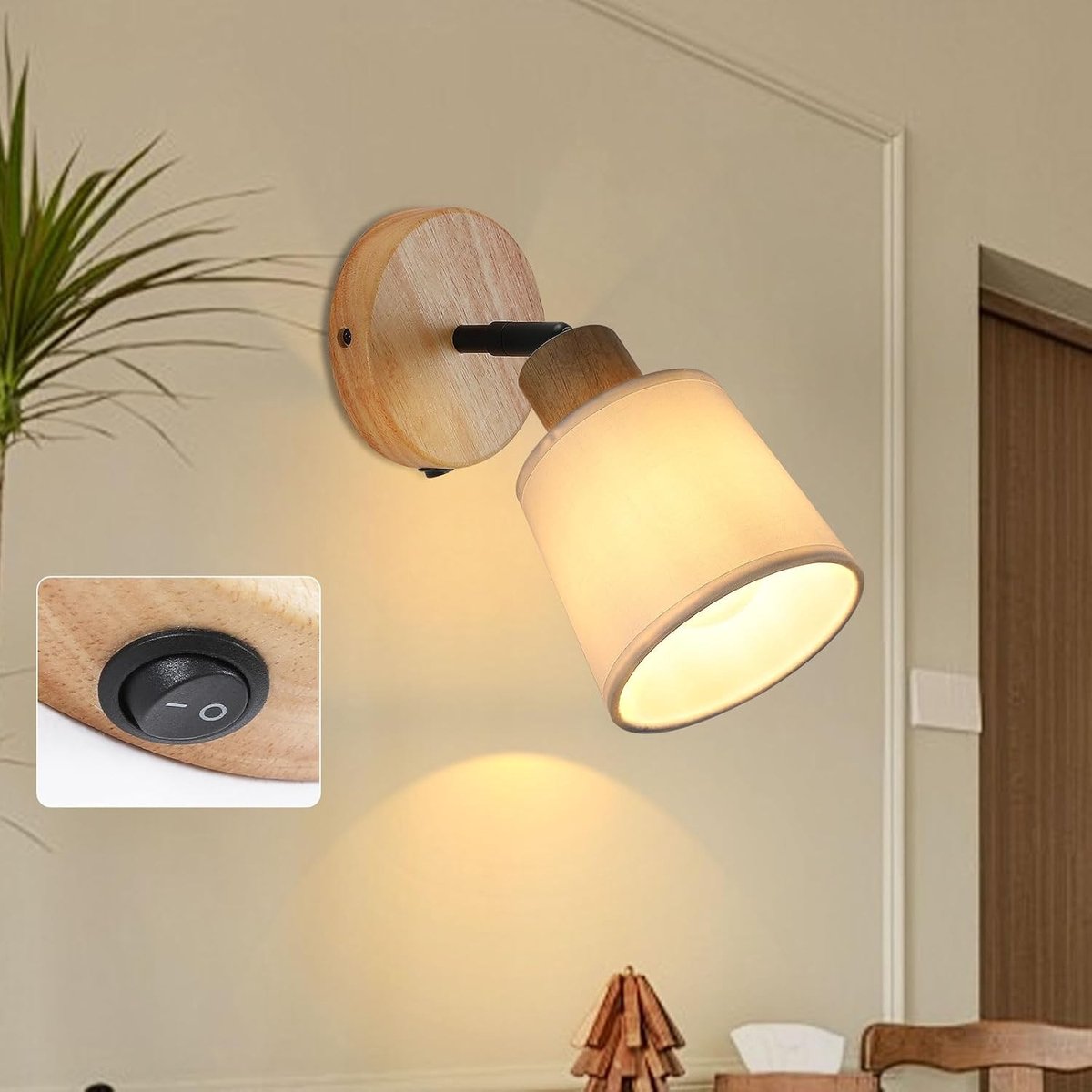Wandlamp - Wit - E27 - Houten Wandlamp met Draaibare Kap - Voor Binnen