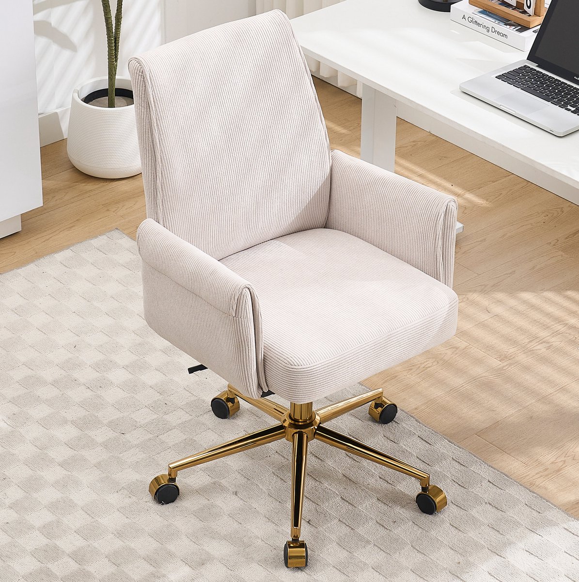 Wishdor Bureaustoel - Hoogteverstelbaar draaibaar met wielen - Middenhoge rugleuning armleuningen ribstof - Wit goudkleurige basis ergonomisch voor werk en studie