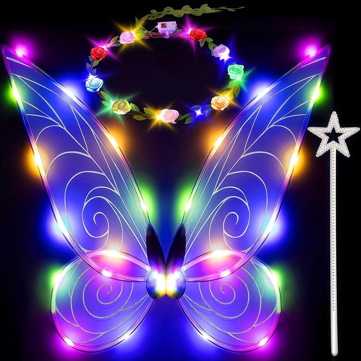 LED Feeënvleugels - Multicolor - Voor Volwassenen - Met Lichteffect en Toverstaf - Perfect voor Feestjes en Theatershows