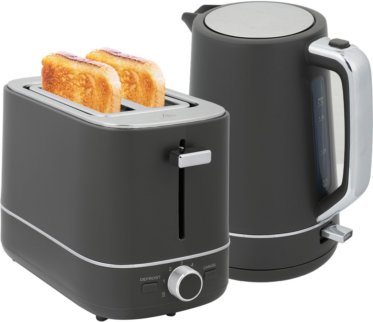 TEKROA® Set bestaande uit een waterkoker van 1,7 liter en een broodrooster met 6 bruiningsniveaus - grijs