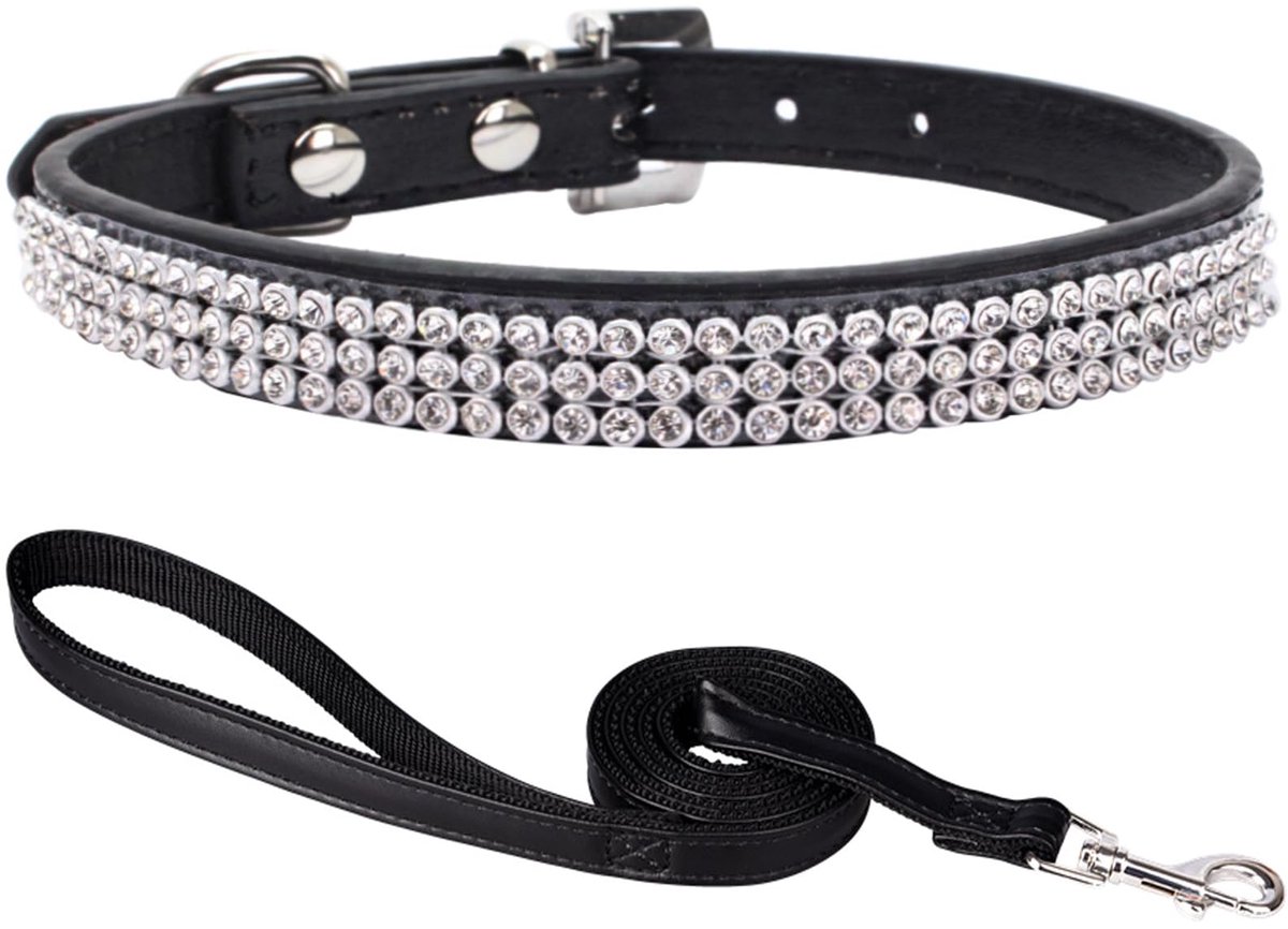 Hondenhalsband S - verstelbare halsband met strass steentjes - zwart - perfect voor kleine tot grote honden - ShopVlot