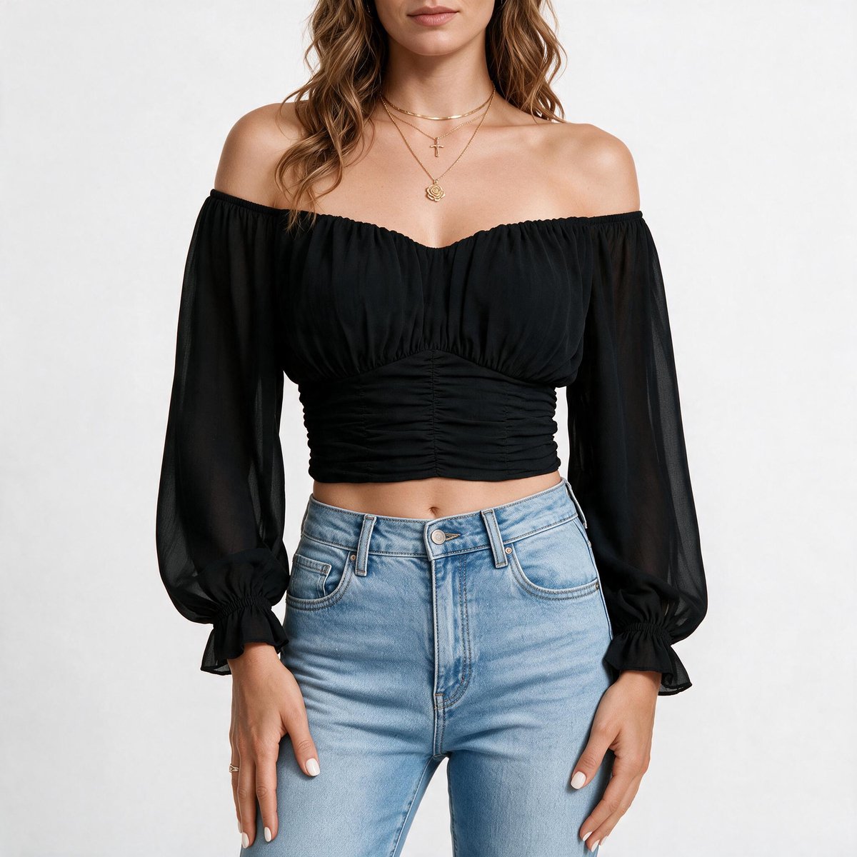 Imily Bela Dames Off Shoulder Croptop met Lange Pofmouwen