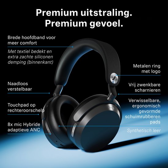 Zwarte Sennheiser koptelefoon met brede, zachte hoofdband en metalen ring met logo. Premium uitstraling.