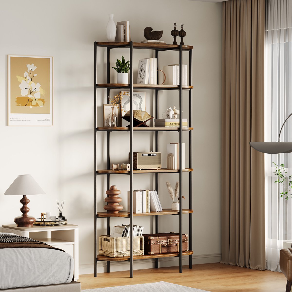 Boekenkast 6 Lagen - 80x34x180cm - Hoge Ovale Boekenkast Industrieel - Vintage Metalen Frame - Open Stevige Opbergkast - Voor Kantoor Woonkamer - Bruin