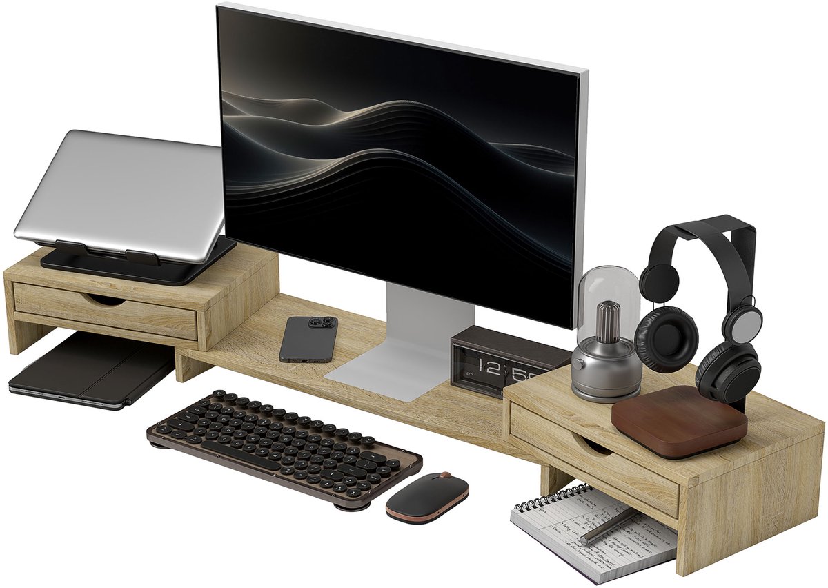Monitor standaard - Bureau Organizer - Monitor verhoger Verstelbaar met 2 Laden - Eik