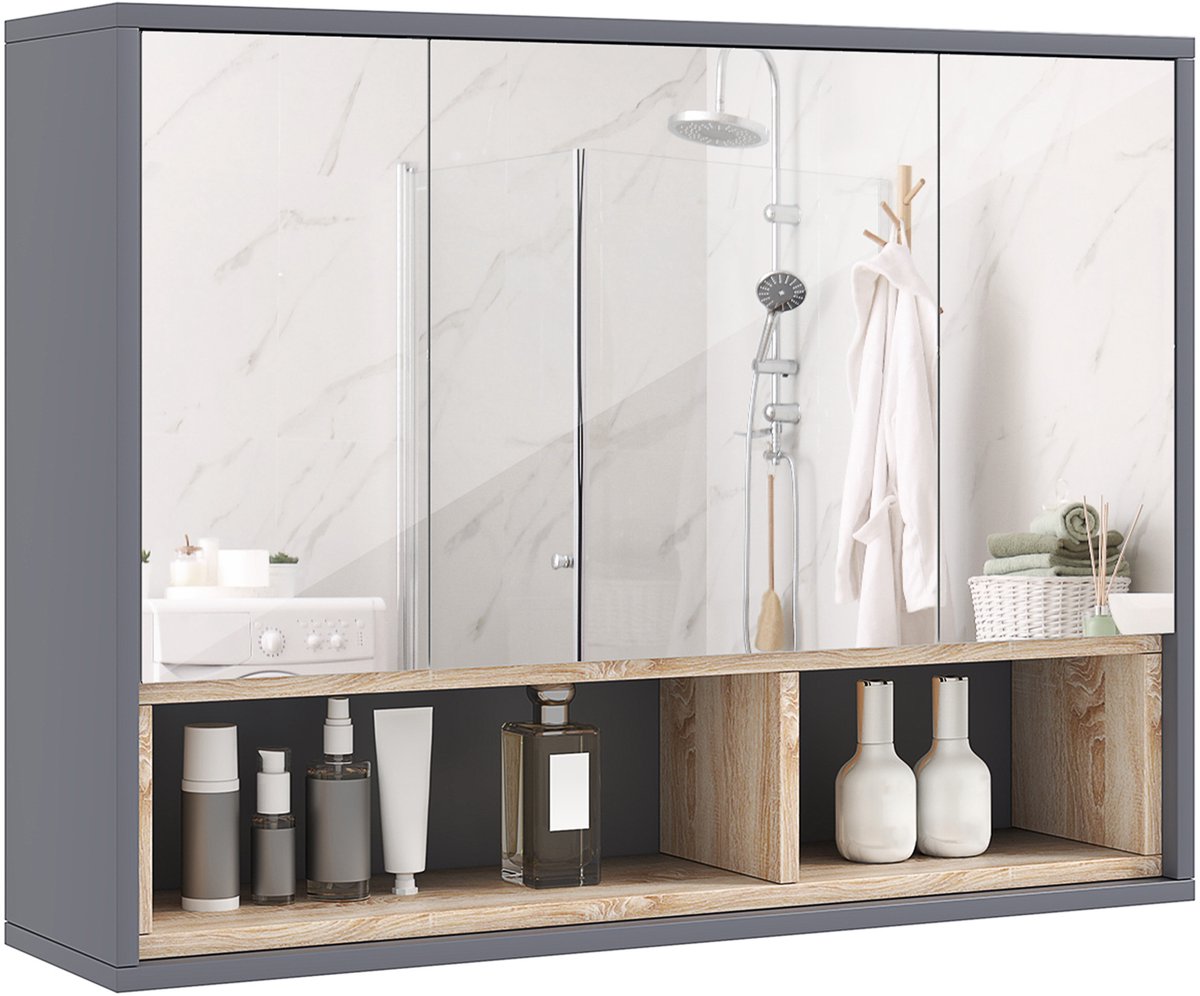 Badkamerkast met spiegel, 80 x 20 x 60 cm, badkamermeubel met spiegel, 3 spiegeldeuren, wandgemonteerde badkameropbergkast met 8 vakken, grijs