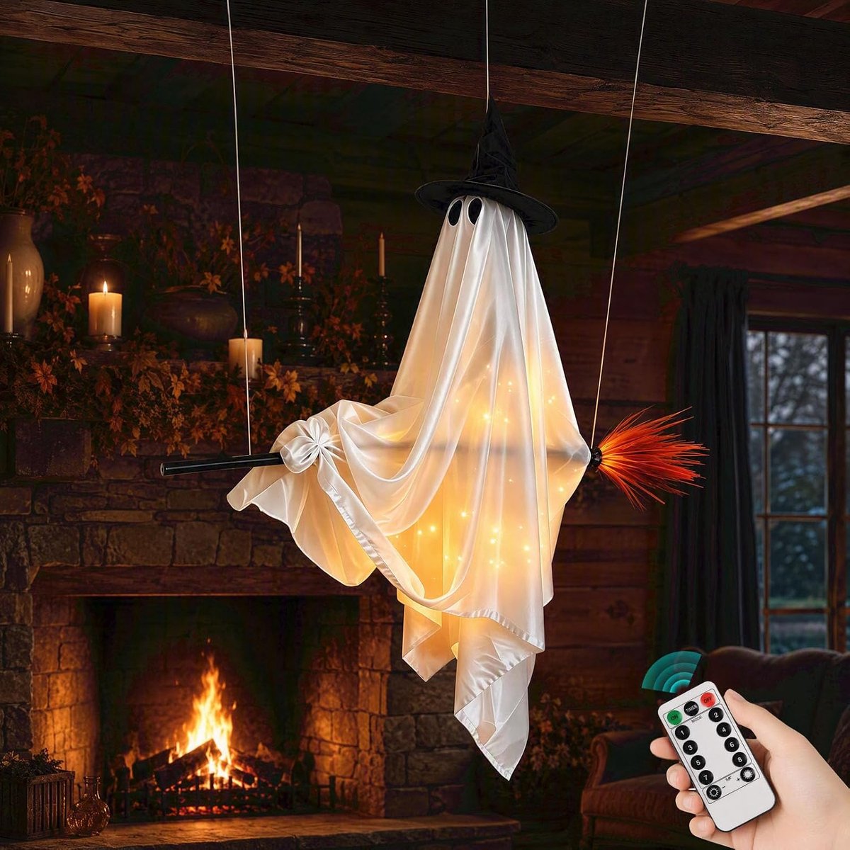1,5 Meter Hoge Halloween Spookdecoratie, Verlicht Hangend Spook op Bezemsteel, LED-Spookschommel met Afstandsbediening, Griezelige Decoratie voor Binnen en Buiten, Tuin, Veranda en Halloweenfeest