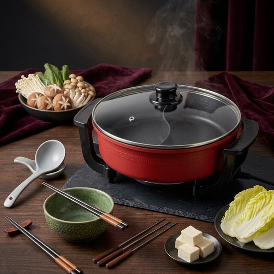Hotpot Pan 2-Vaks - Elektrische Hotpot - 2 Smaken Tegelijk - 1350W - 6L - Voor 2 tot 8 Personen - Rood — afbeelding 3