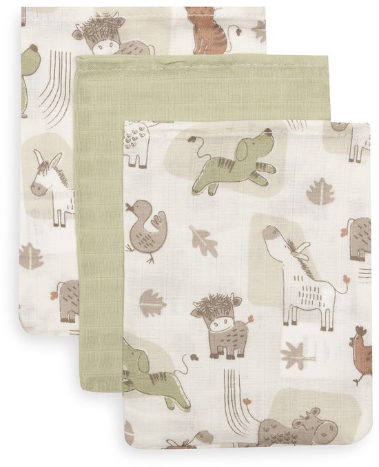 Drie hydrofiele washandjes met boerderijdierenprint in bruin, beige en groen.