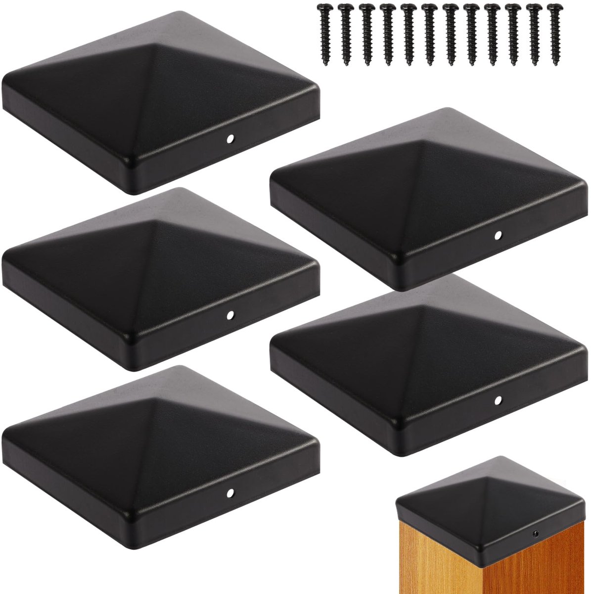 Paaldoppen 8 × 8 cm, 6 stuks, zwarte gepoedercoate stalen piramidepaaldoppen, beschermkappen voor houten palen met - ShopVlot