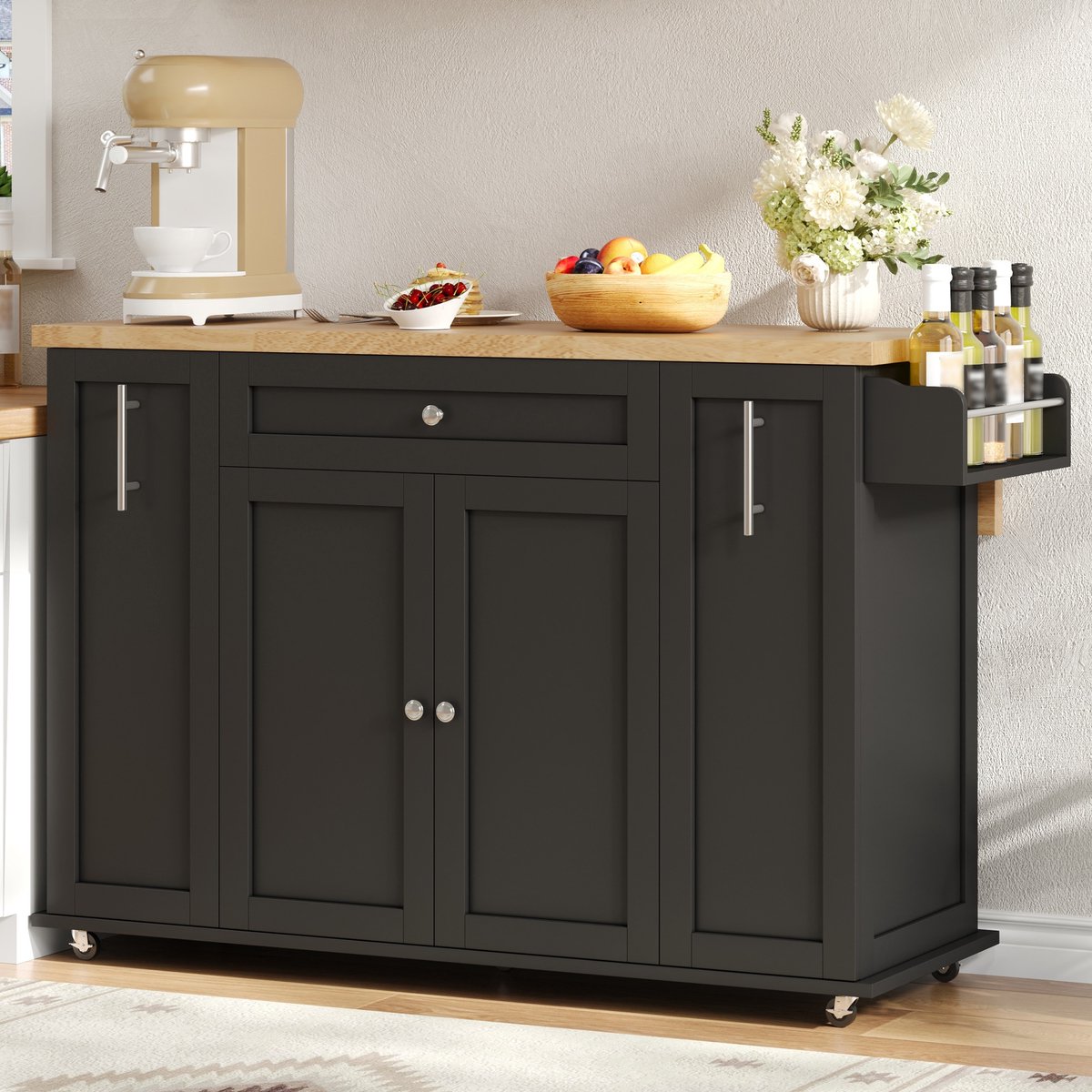 Pugsdrly Verrijdbaar keukeneiland met opklapbaar werkblad, keukenwagen met 3 verticale lades, 2 deurschappen en vergrendelbare wieltjes, 120 × 45 (70) × 87 cm